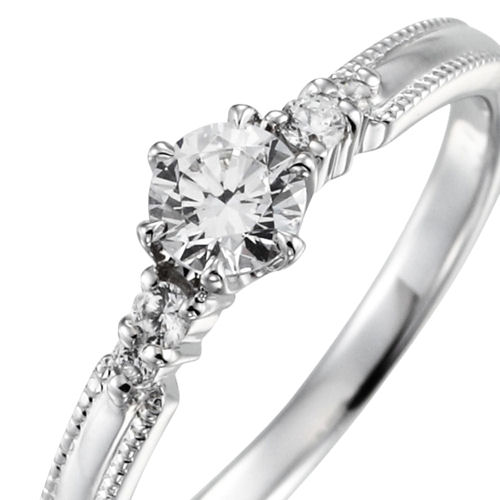 婚約指輪:ストレートのアームのエッジにミル打ちをほどこしダイヤを添えたデザイン