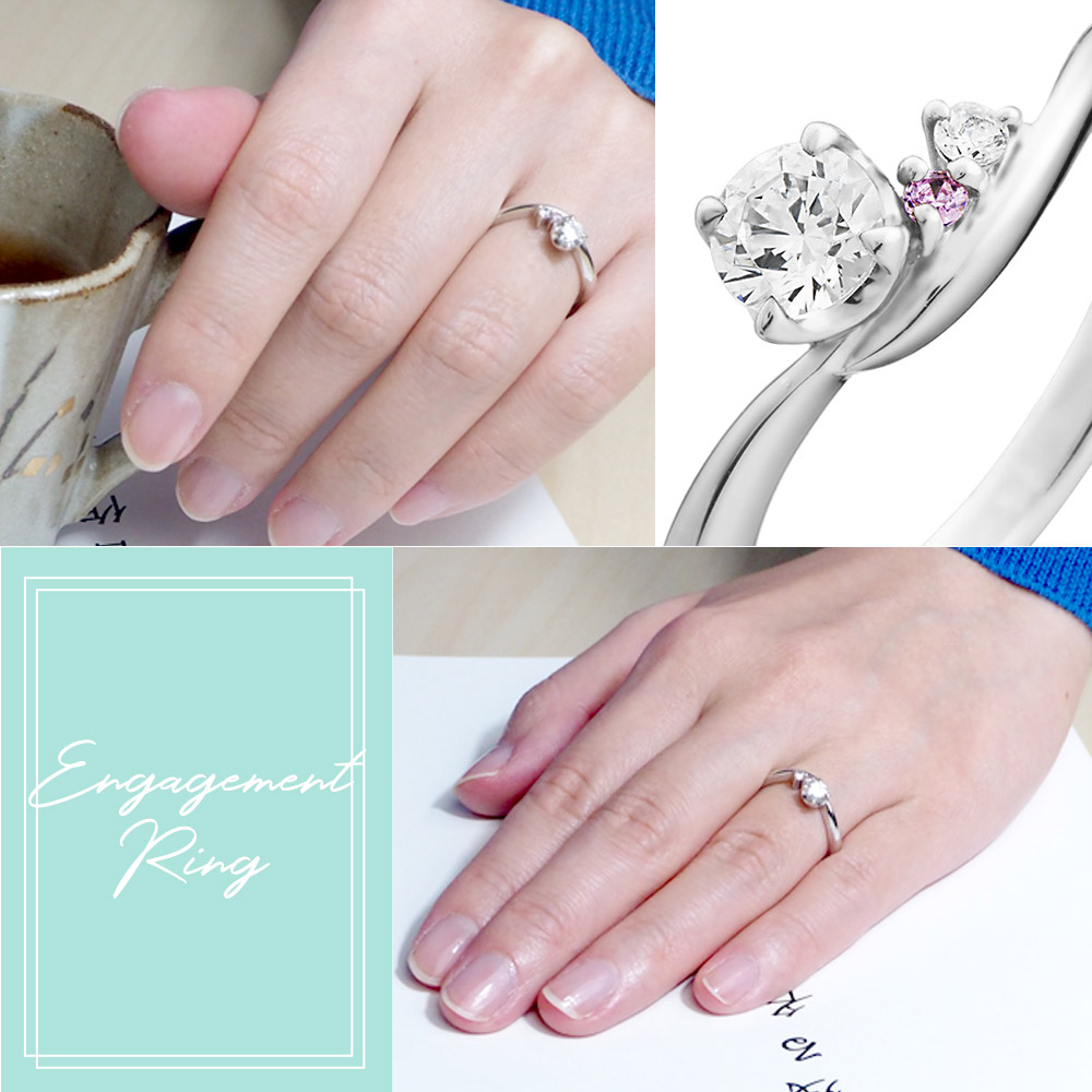 婚約指輪-アシンメトリーなV字にピンクダイヤを添えた3石輝くサイド 