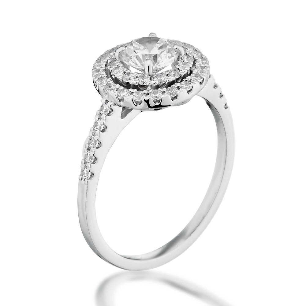 婚約指輪-二重の取り巻きが中石を盛り立て特大サイズの輝きをはなつダブルヘイロースタイル|福岡の婚約指輪・結婚指輪│宝石・時計いのうえ